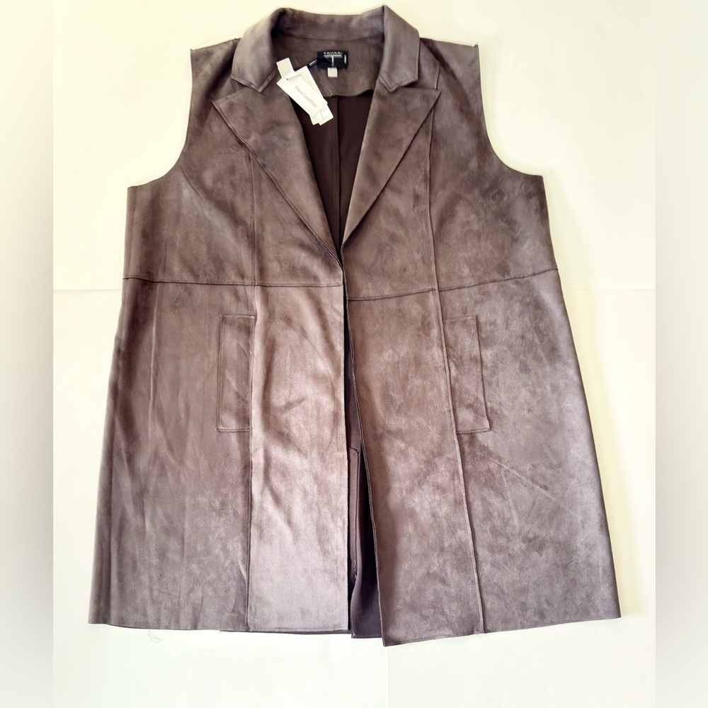 Tahari Chocolate Brown Faux-Leather Sleeveless Vest with pocket pockets